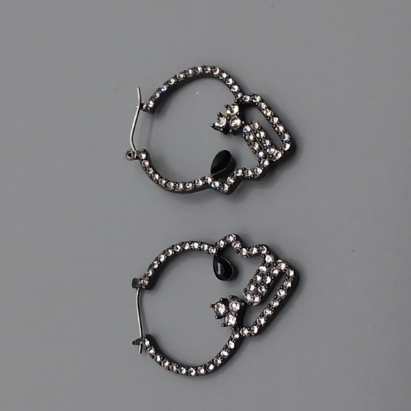 NWOT Dark Steel Toned Bejeweled Skull  Earrings With Black Stone Eye - Picture 6 of 8